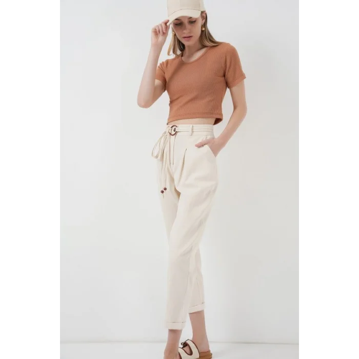 6660 Kemerli Keten Pantolon - Krem