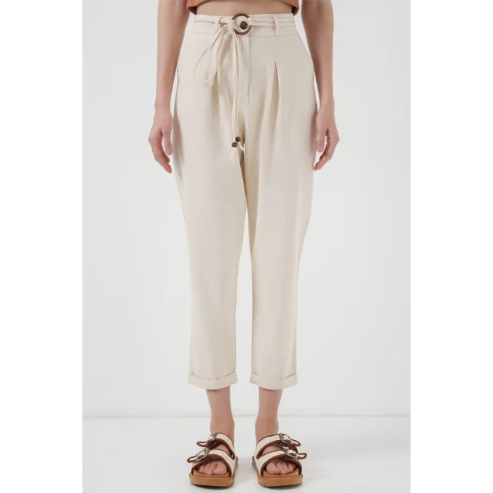 6660 Kemerli Keten Pantolon - Krem
