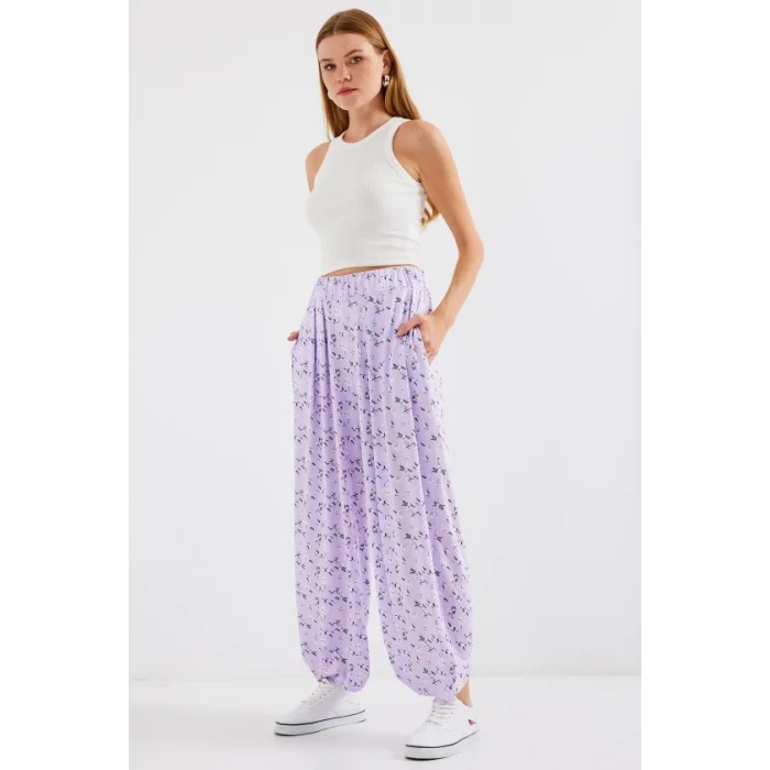 6665 Desenli Şalvar Pantolon - Lila