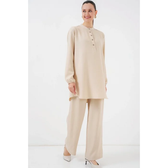 6678 Keten Tunik Pantolon İkili Takım - Bej