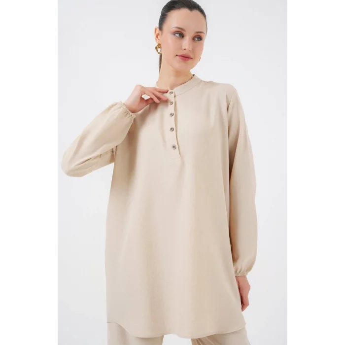 6678 Keten Tunik Pantolon İkili Takım - Bej