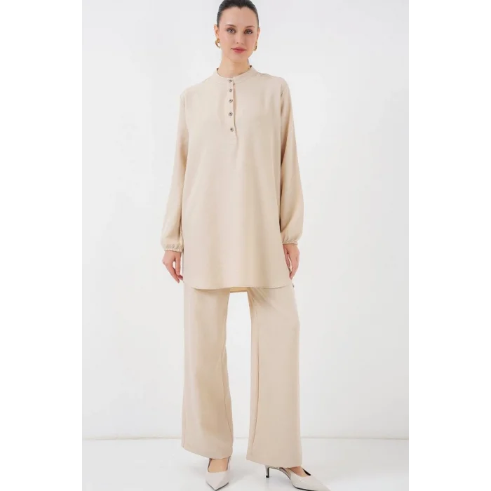 6678 Keten Tunik Pantolon İkili Takım - Bej