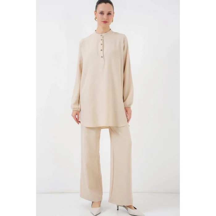 6678 Keten Tunik Pantolon İkili Takım - Bej