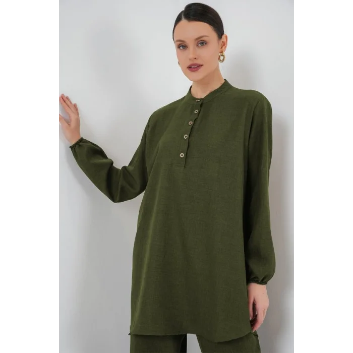 6678 Keten Tunik Pantolon İkili Takım - Haki