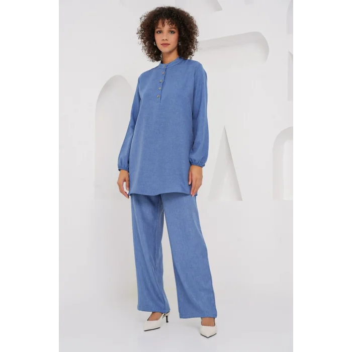 6678 Keten Tunik Pantolon İkili Takım - İndigo