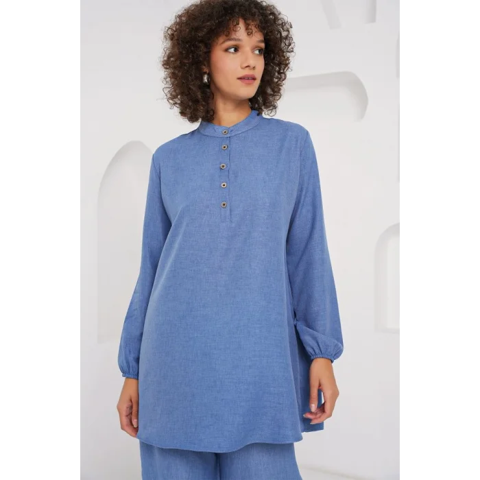 6678 Keten Tunik Pantolon İkili Takım - İndigo