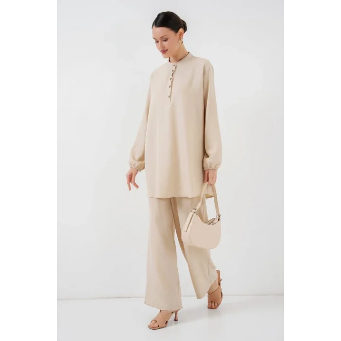 6678 Keten Tunik Pantolon İkili Takım - Krem