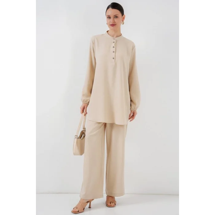 6678 Keten Tunik Pantolon İkili Takım - Krem
