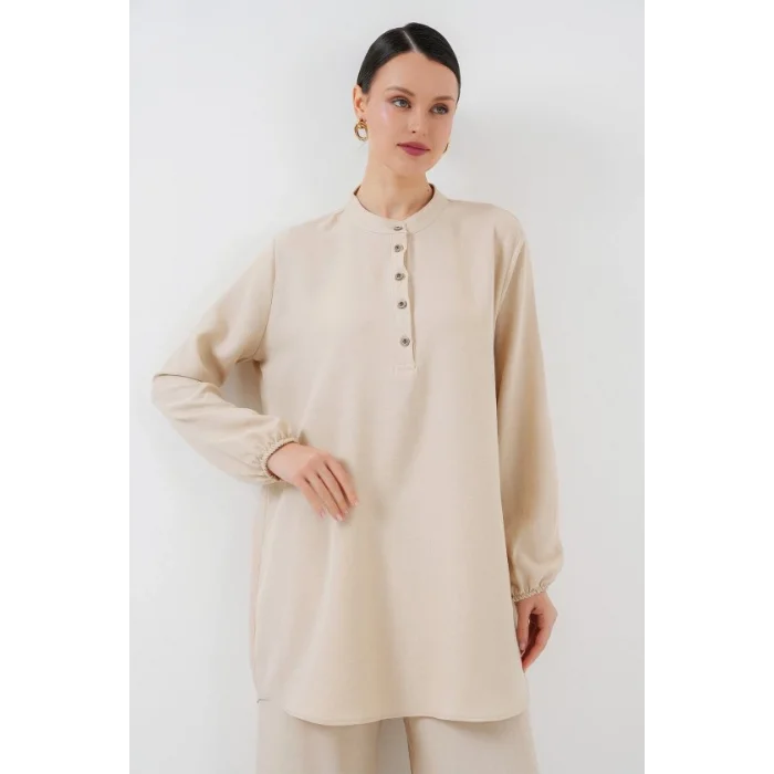 6678 Keten Tunik Pantolon İkili Takım - Krem