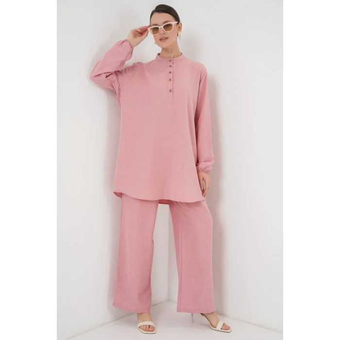 6678 Keten Tunik Pantolon İkili Takım - Pembe