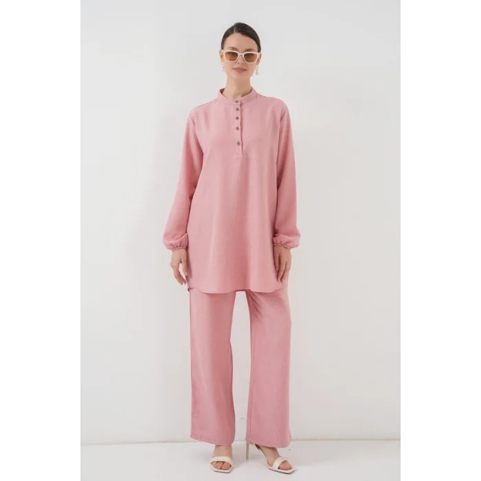 6678 Keten Tunik Pantolon İkili Takım - Pembe