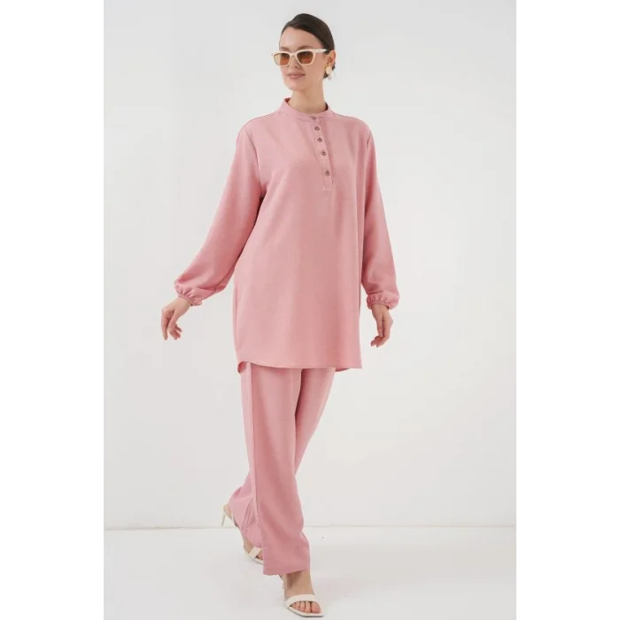 6678 Keten Tunik Pantolon İkili Takım - Pembe