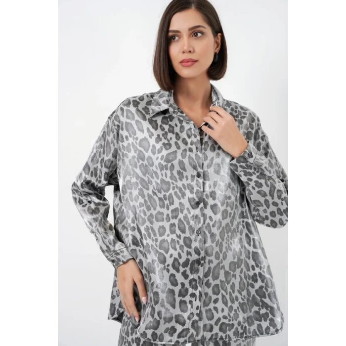 6699 Leopar Desenli Alt Üst Takım - Gri