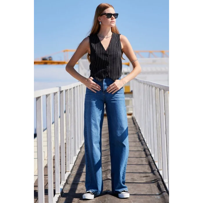 6794 Çizgili Dokuma Yelek - Siyah