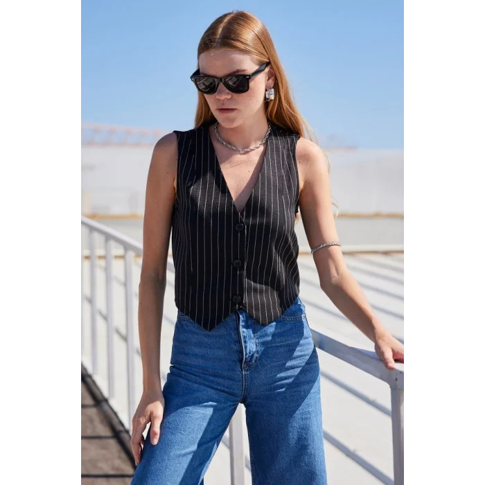 6794 Çizgili Dokuma Yelek - Siyah
