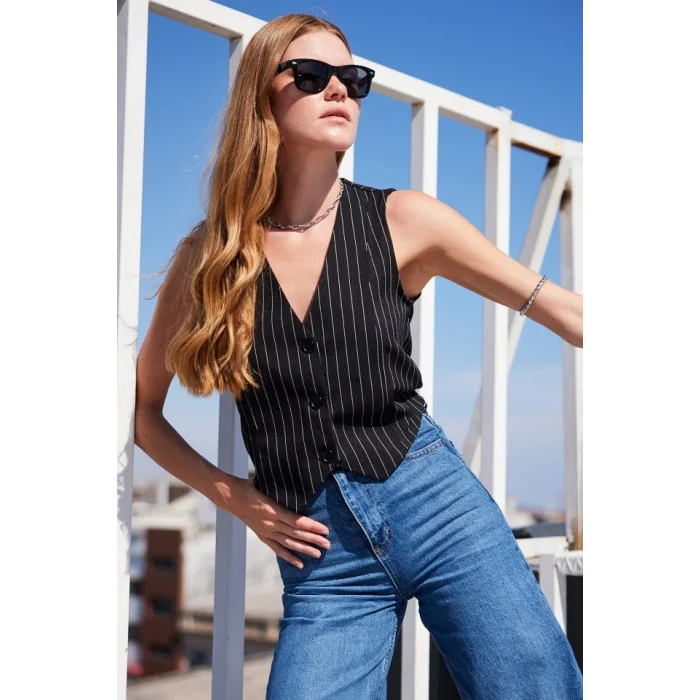 6794 Çizgili Dokuma Yelek - Siyah