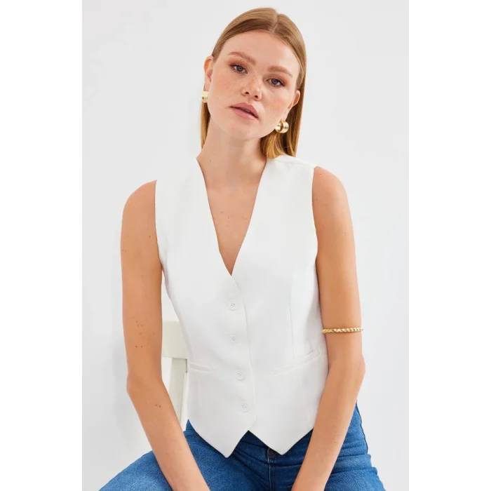 6796 Kısa Dokuma Yelek - Ekru