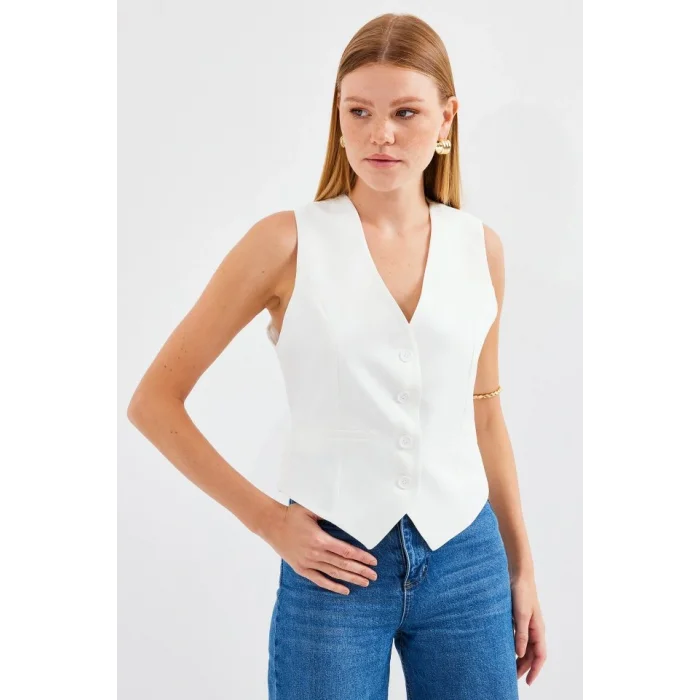 6796 Kısa Dokuma Yelek - Ekru