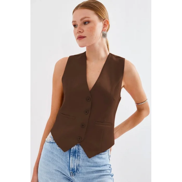 6796 Kısa Dokuma Yelek - Kahverengi