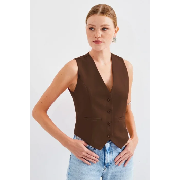 6796 Kısa Dokuma Yelek - Kahverengi
