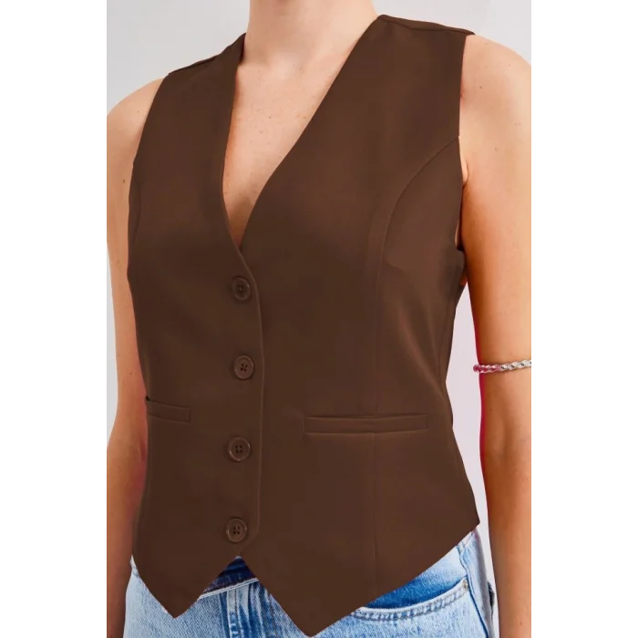 6796 Kısa Dokuma Yelek - Kahverengi