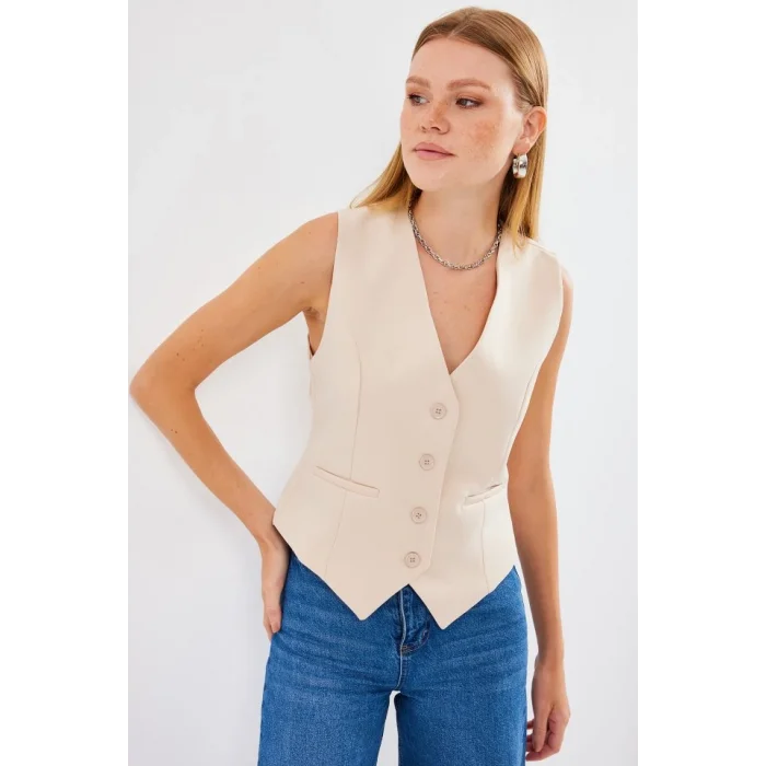 6796 Kısa Dokuma Yelek - Krem