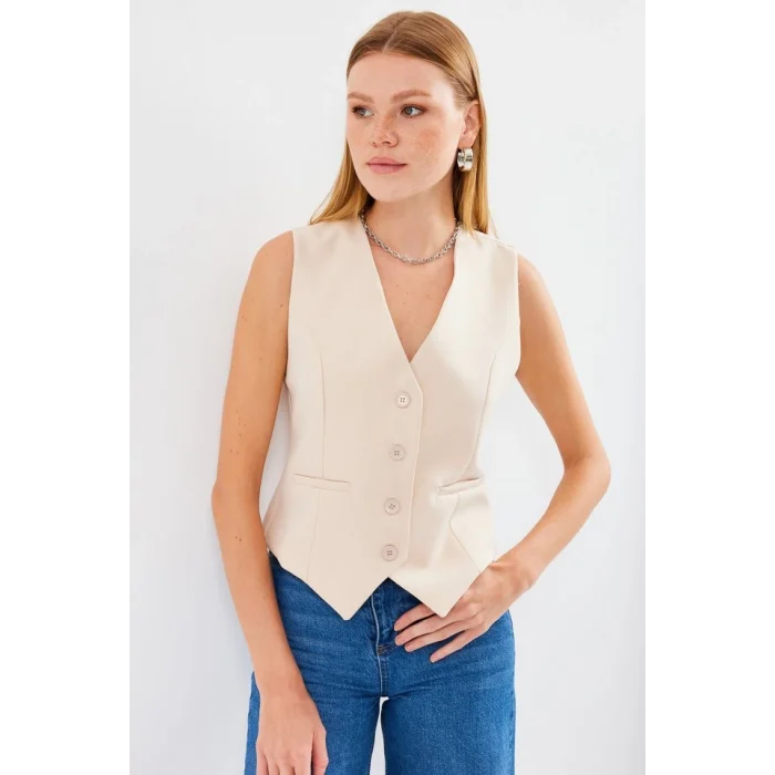 6796 Kısa Dokuma Yelek - Krem