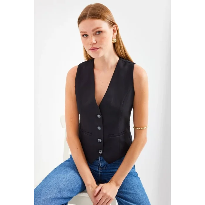 6796 Kısa Dokuma Yelek - Siyah
