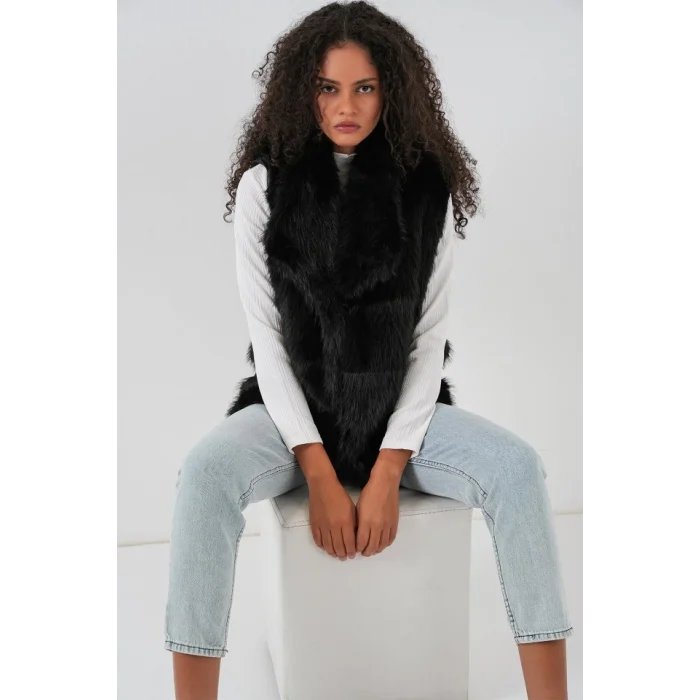 6804 Kürklü Yelek - Siyah