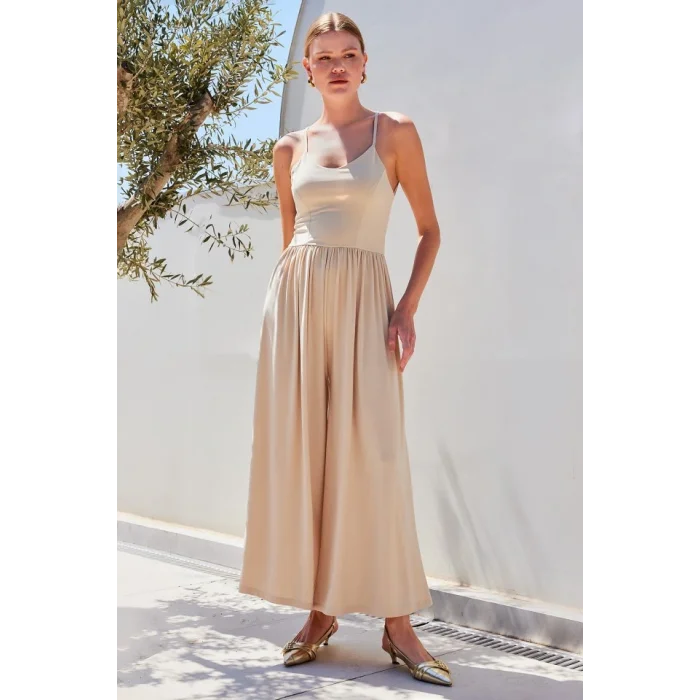 7029 Bol Paça Askılı Tulum - Bej