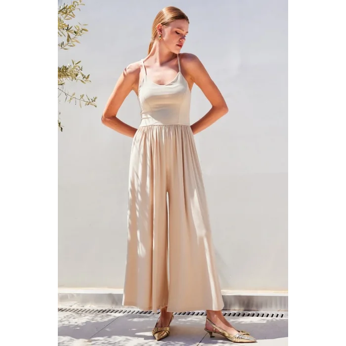 7029 Bol Paça Askılı Tulum - Bej