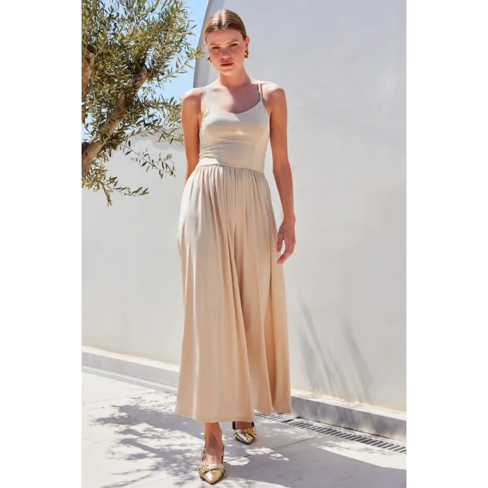 7029 Bol Paça Askılı Tulum - Bej