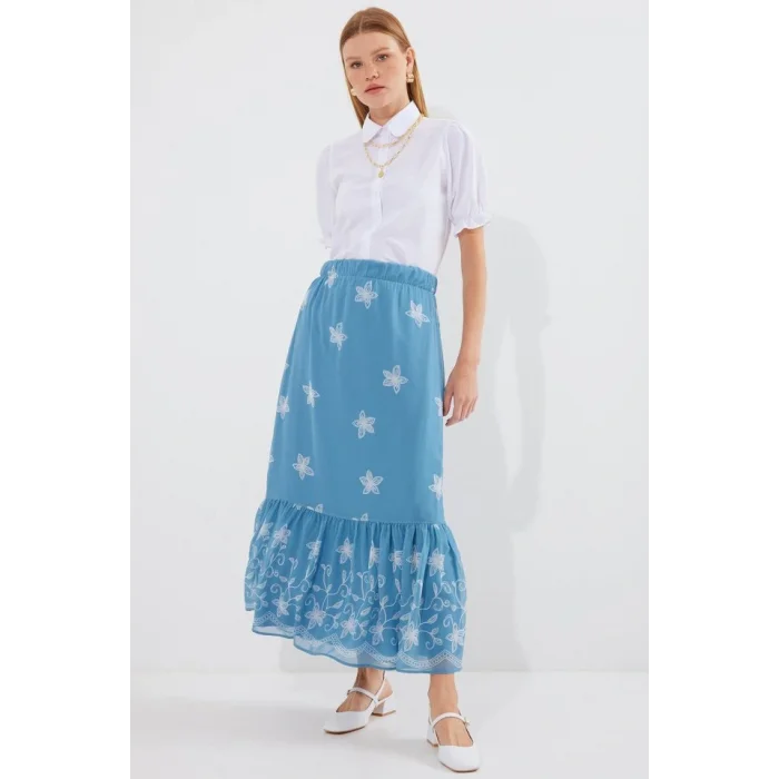 8010 Desenli Şifon Etek - İndigo