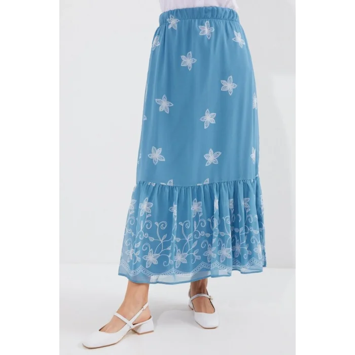 8010 Desenli Şifon Etek - İndigo