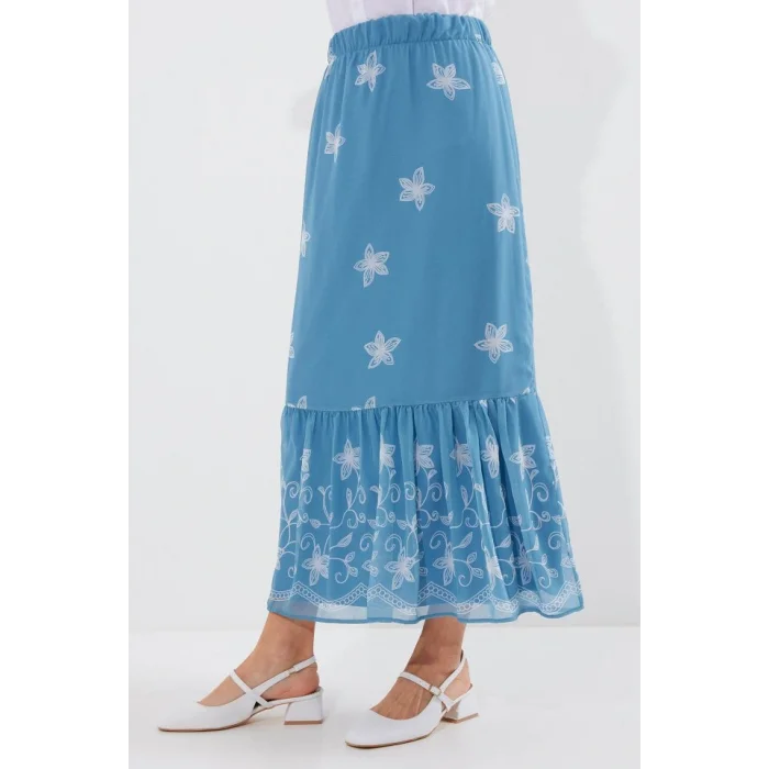 8010 Desenli Şifon Etek - İndigo