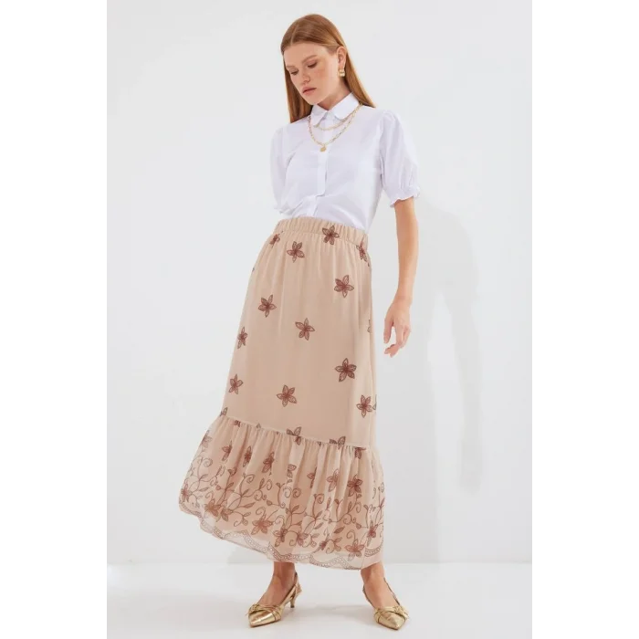 8010 Desenli Şifon Etek - Vizon