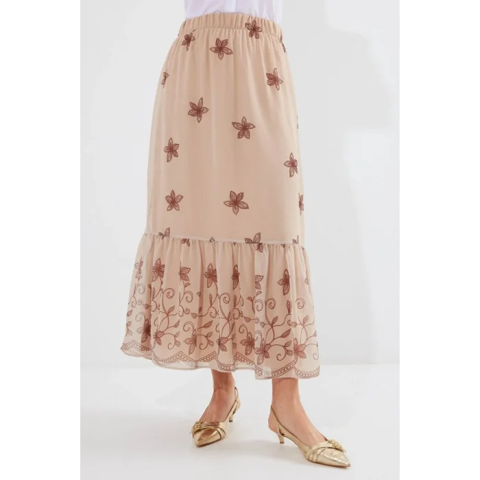 8010 Desenli Şifon Etek - Vizon