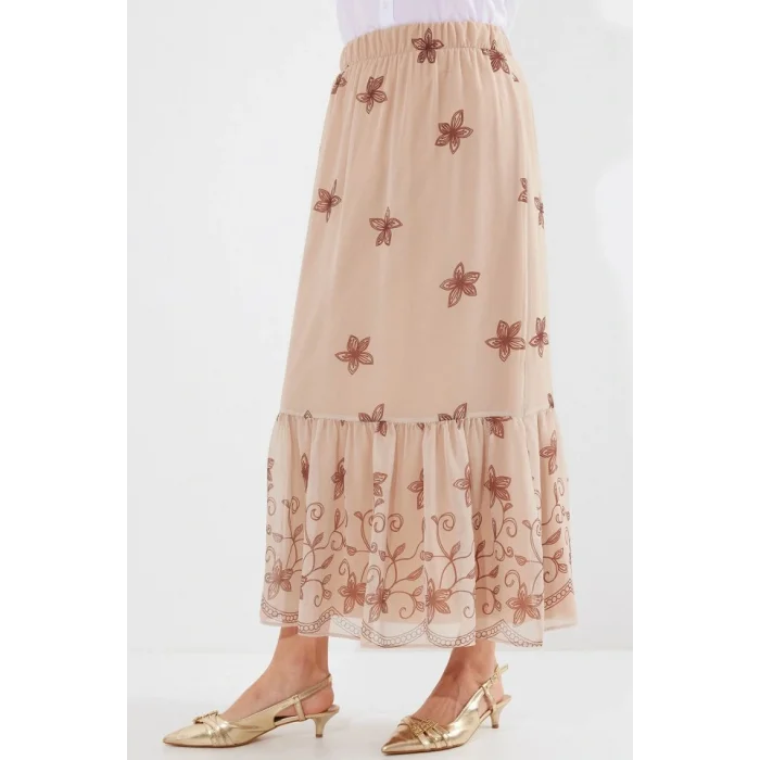 8010 Desenli Şifon Etek - Vizon