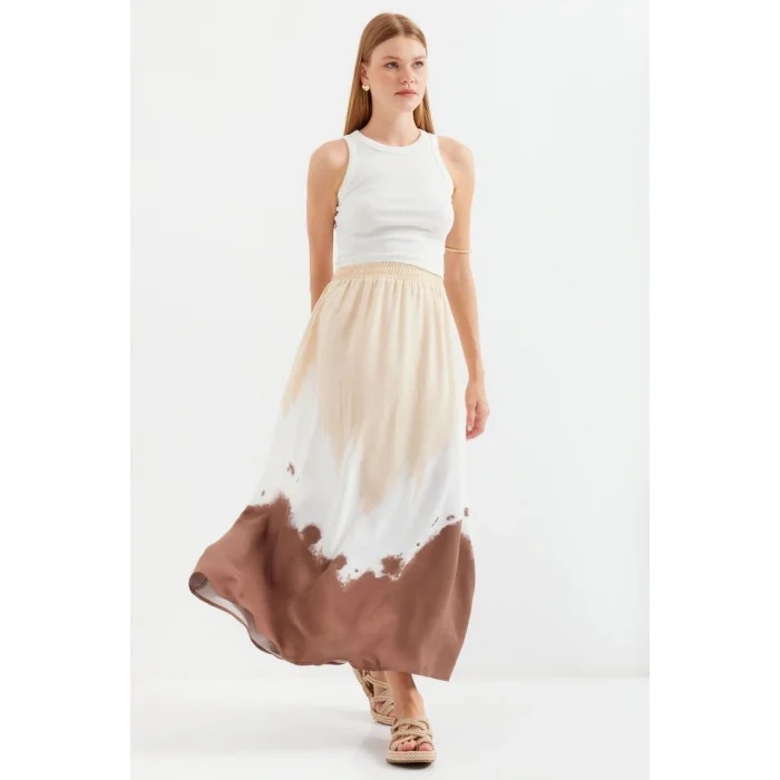 8025 Desenli Uzun Viskon Etek - Bej
