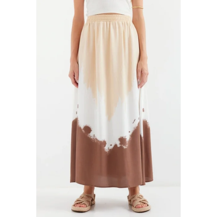 8025 Desenli Uzun Viskon Etek - Bej