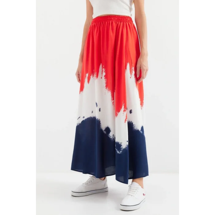 8025 Desenli Uzun Viskon Etek - Kırmızı