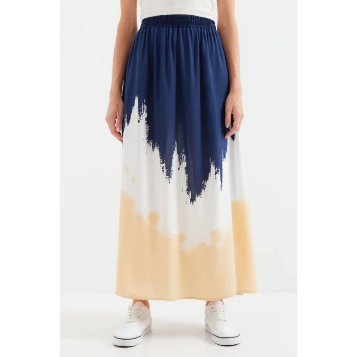 8025 Desenli Uzun Viskon Etek - Lacivert