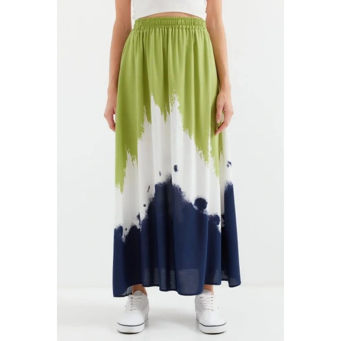 8025 Desenli Uzun Viskon Etek - Yeşil