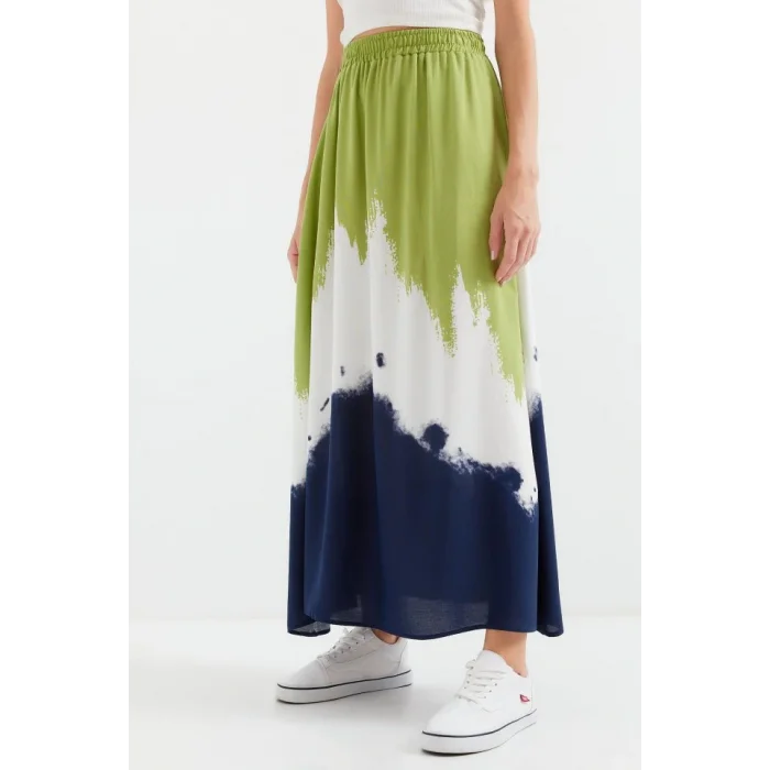 8025 Desenli Uzun Viskon Etek - Yeşil