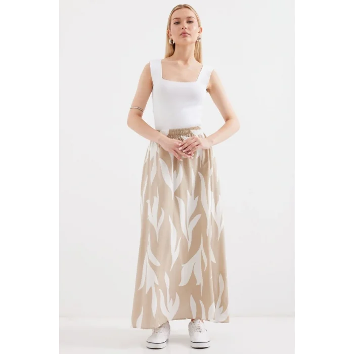 8028 Desenli Uzun Etek - Bej