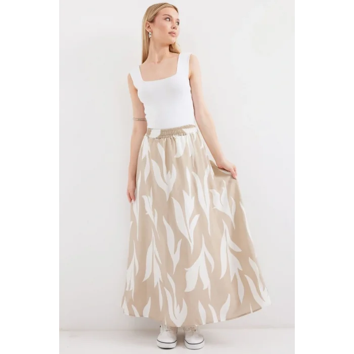 8028 Desenli Uzun Etek - Bej