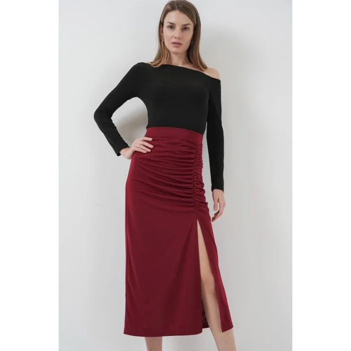 8033 Sandy Yırtmaçlı Etek - Bordo