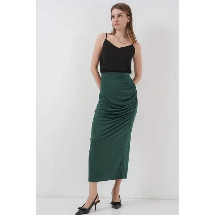 8035 Büzgülü Midi Etek - Zümrüt Yeşili