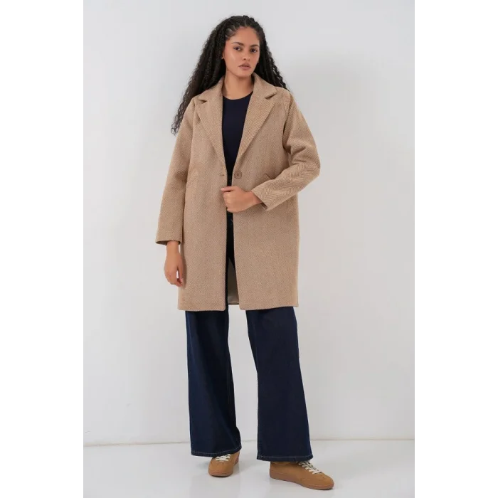 9085 Balık Sırtı Kaşe Kaban - Camel