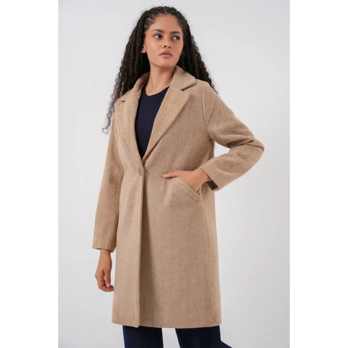 9085 Balık Sırtı Kaşe Kaban - Camel